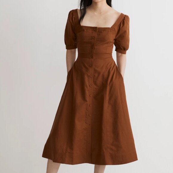NWT! Madewell S6 Seamed Puff-Sleeve Midi Dress in Warm Coffee - Picture 1 of 7